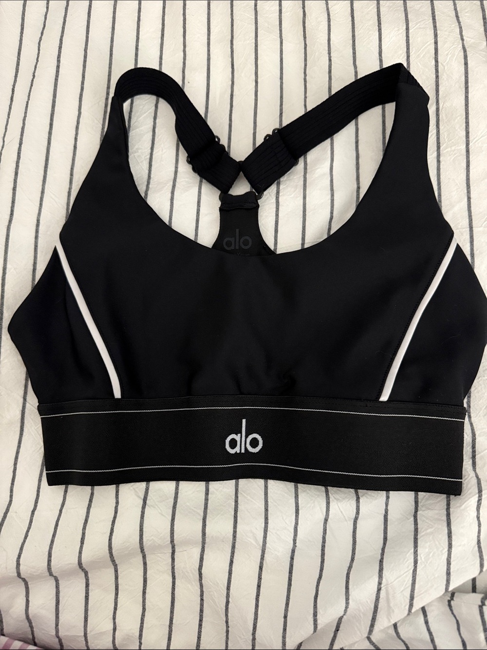 ALO Yoga Black Sports Bra with White Piping